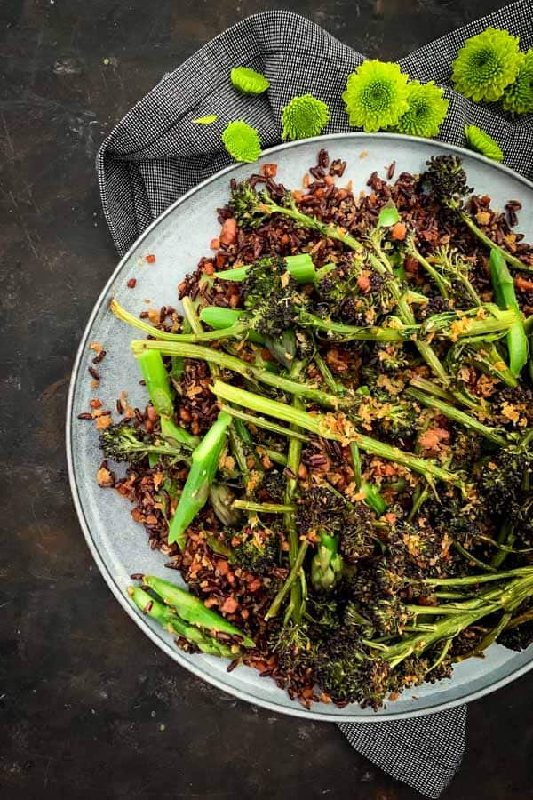 Rustic Black Rice Salad with Purple Broccolini