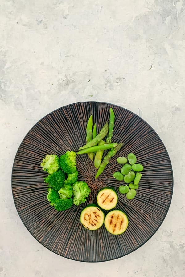 Broccoli, asparagus, broad beans and grilled courgettes