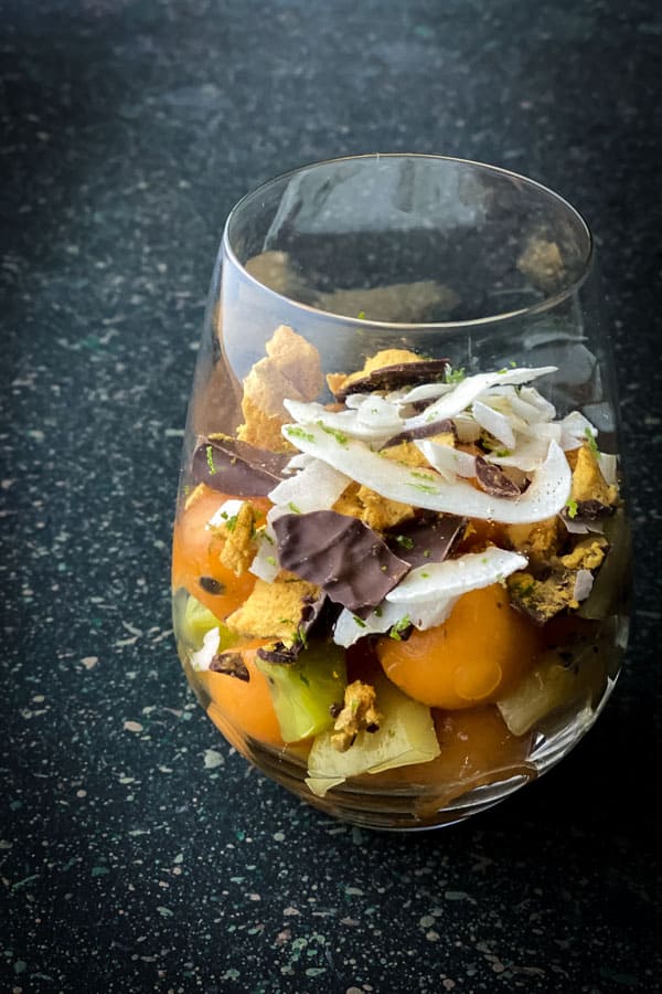 Rockmelon and Passionfruit Salad with Chocolate Honeycomb