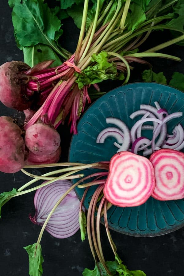 Candy striped beetroot and half a red onion