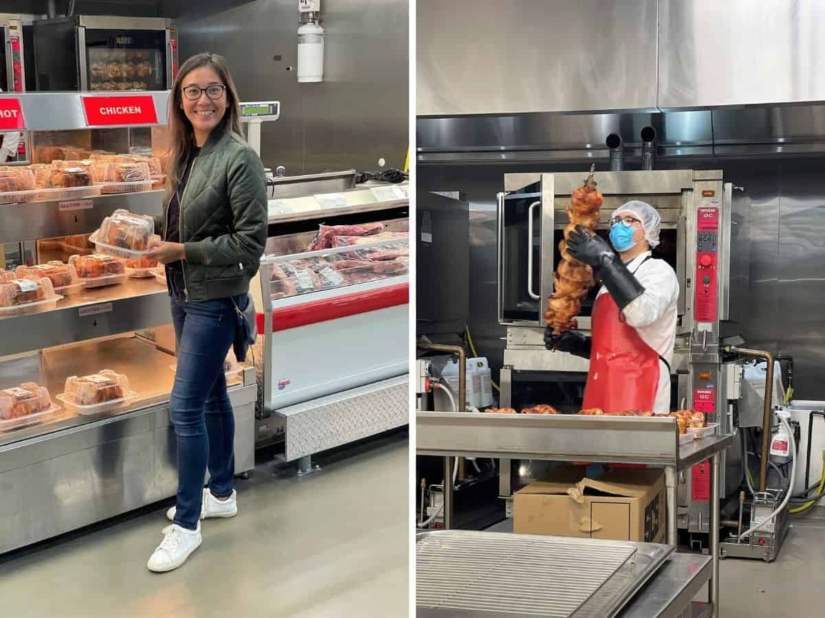 Woman purchasing rotisserie chicken from Costco.