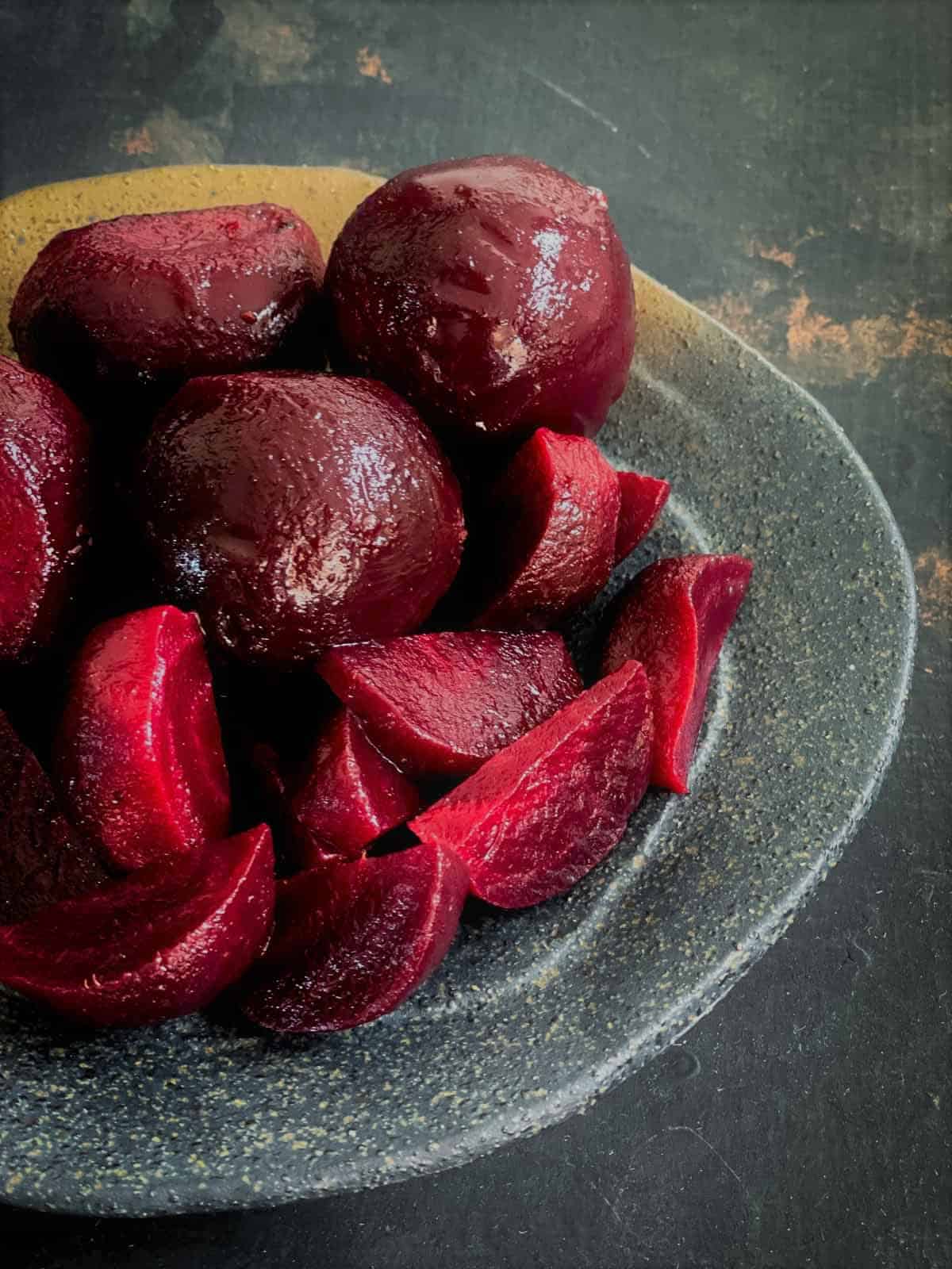 Baby beetroot. Whole and cut into wedges.