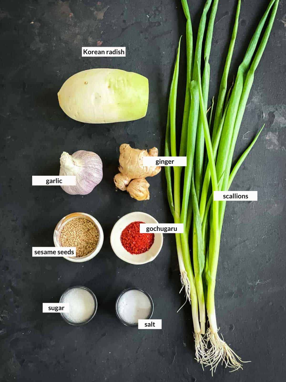 Individually labelled ingredients for Korean Radish Salad - Musaengchae