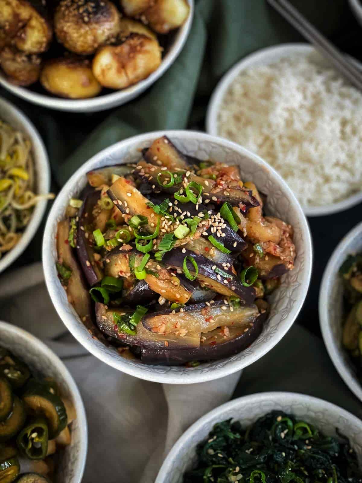 Korean Steamed Eggplant Side Dish - Gaji Namul served with rice and other Korean banchan