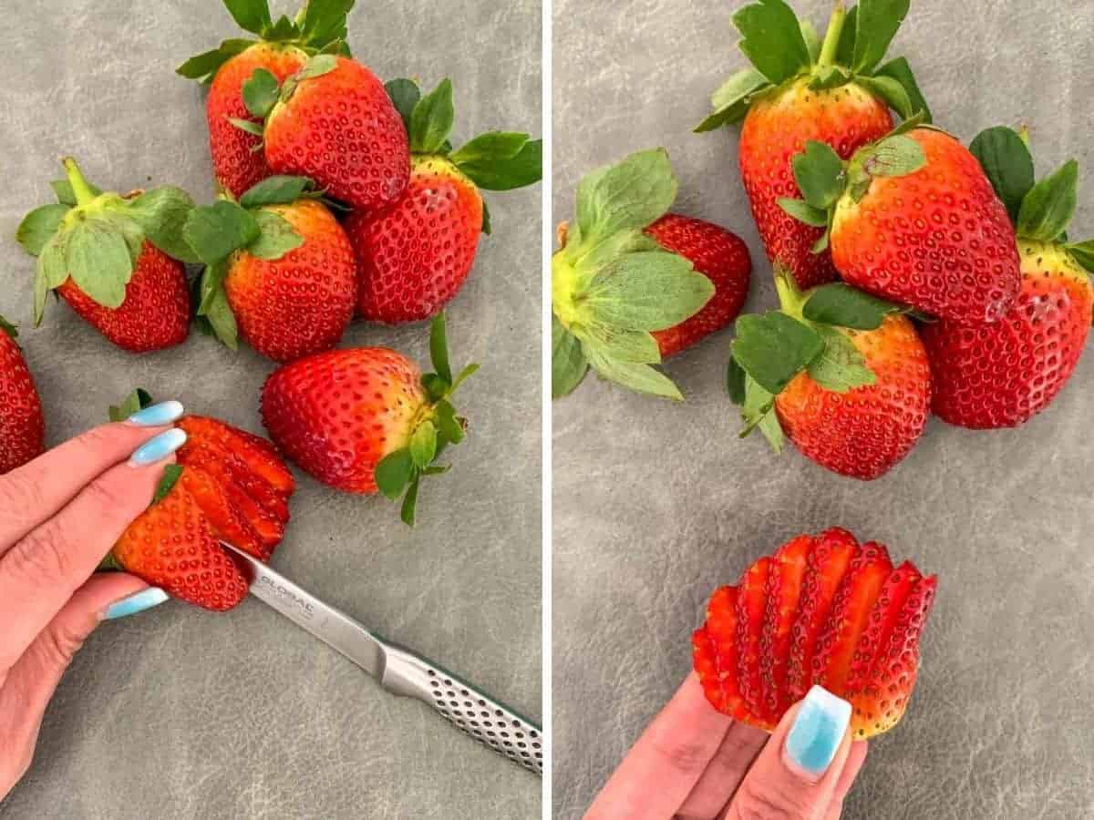 Collage of 2 photos for how to cut strawberry fans