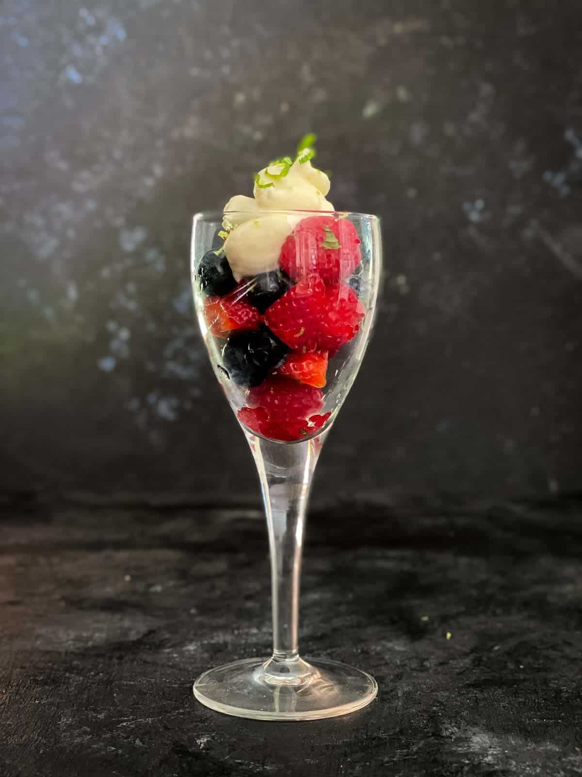 Easy Summer Mixed Berry Salad in Champagne flute