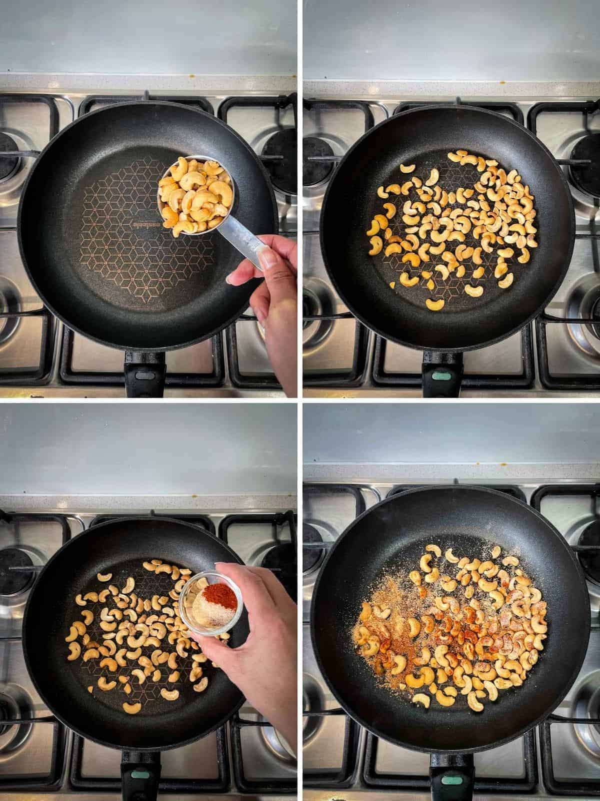 Collage of 4 photos for how to make garlic cashews on the stovetop