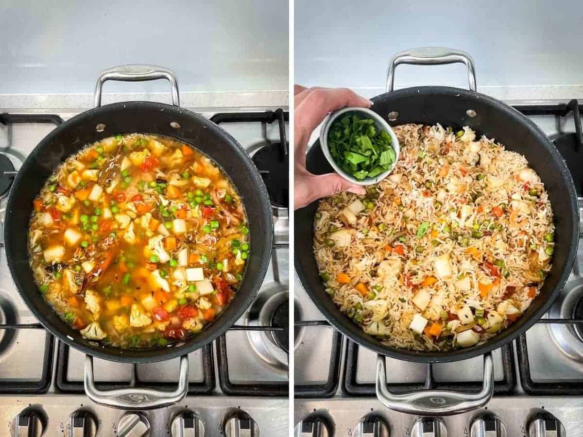 Collage of 2 photos for how to make easy veg pulao at home