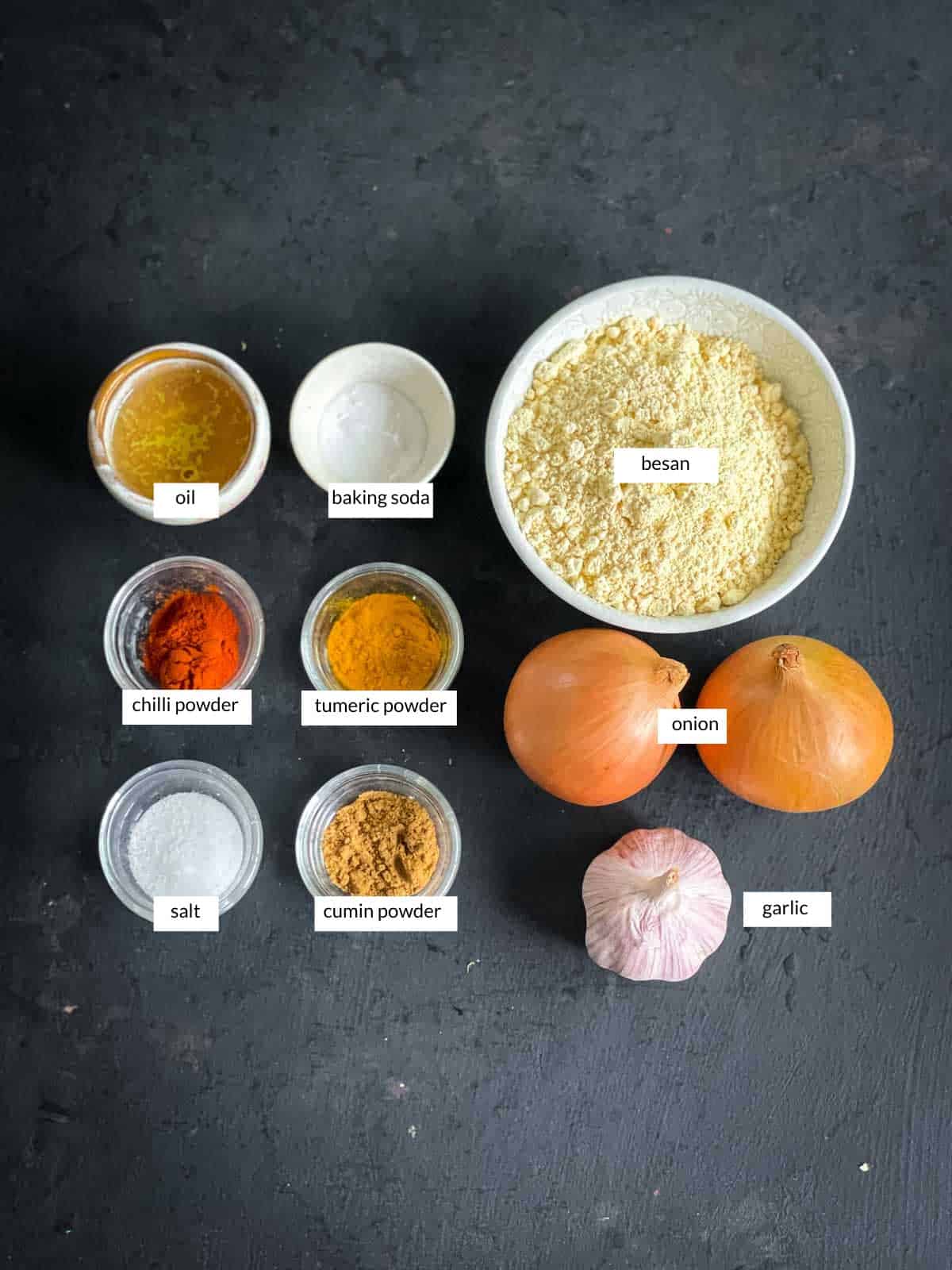 Individually labelled ingredients for Easy Onion Bhaji Recipe