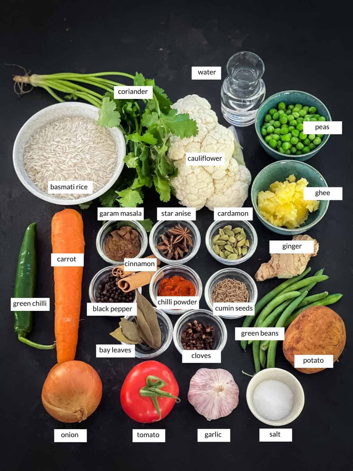 Individually labelled ingredients for Veg Pulao (Easy Indian Rice Dish)