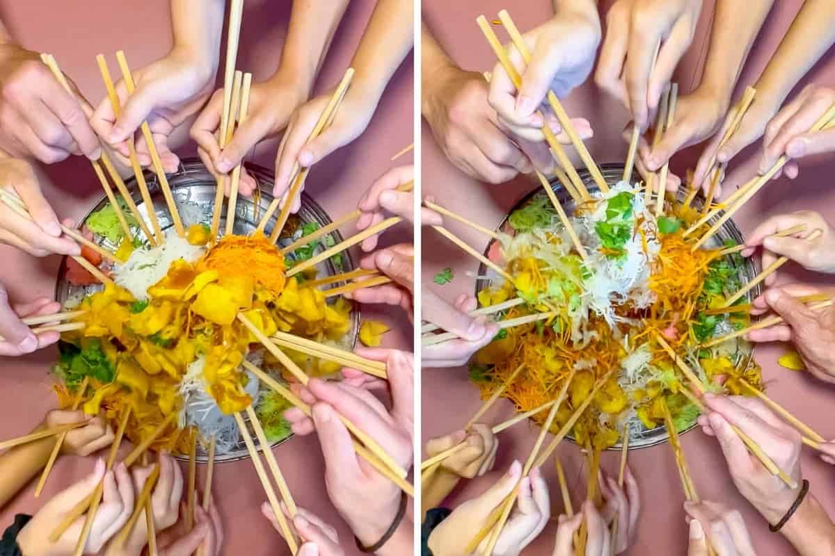 Collage of 2 photos for how to toss the yee sang salad