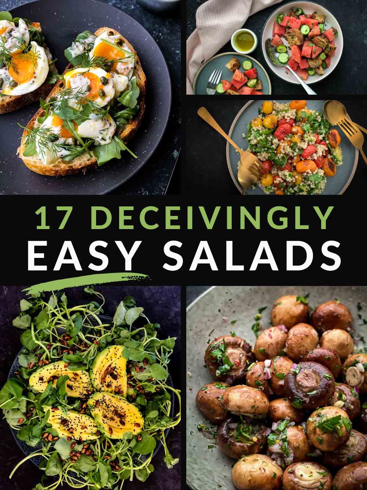 Collage of 5 photos for Deceivingly Easy Salads