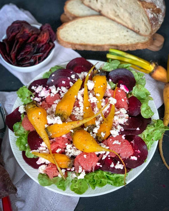 Beetroot and Feta Salad with beetroot chips and sliced bread
