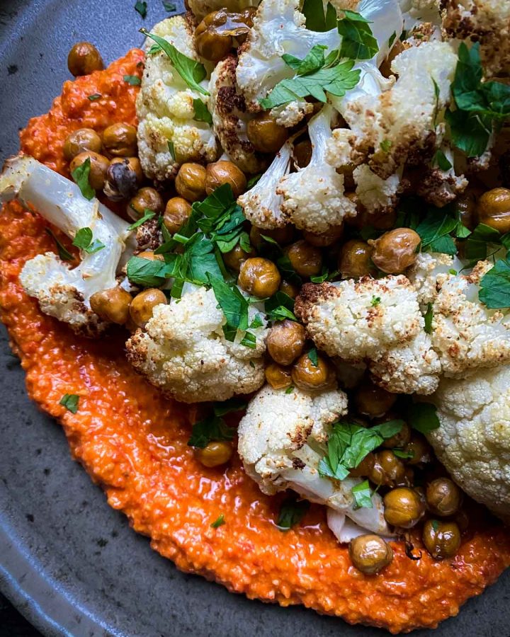 Air Fryer Cauliflower and Roasted Chickpeas on a grey plate