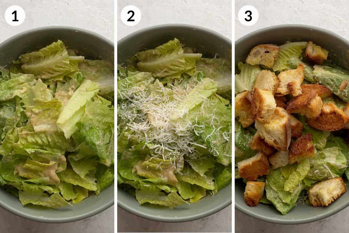 Collage of 3 photos for how to assemble Caesar Salad