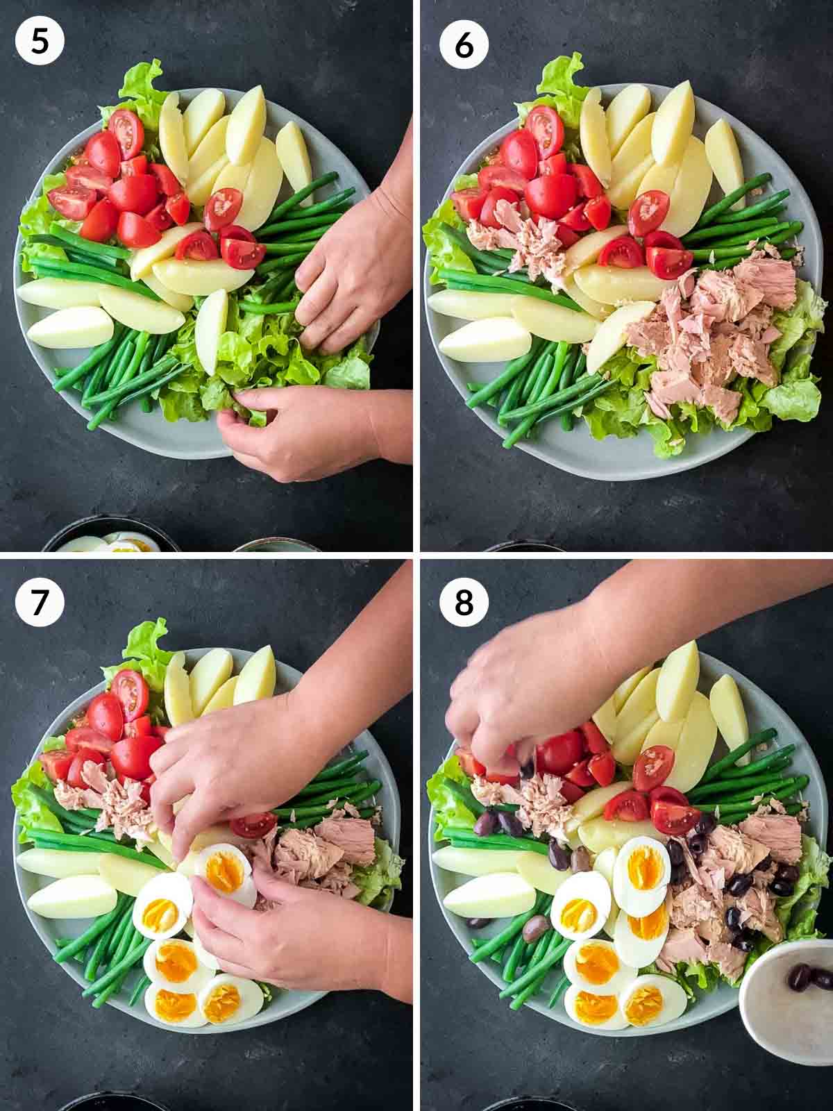 Collage of 4 photos of how to assemble a classic Nicoise Salad