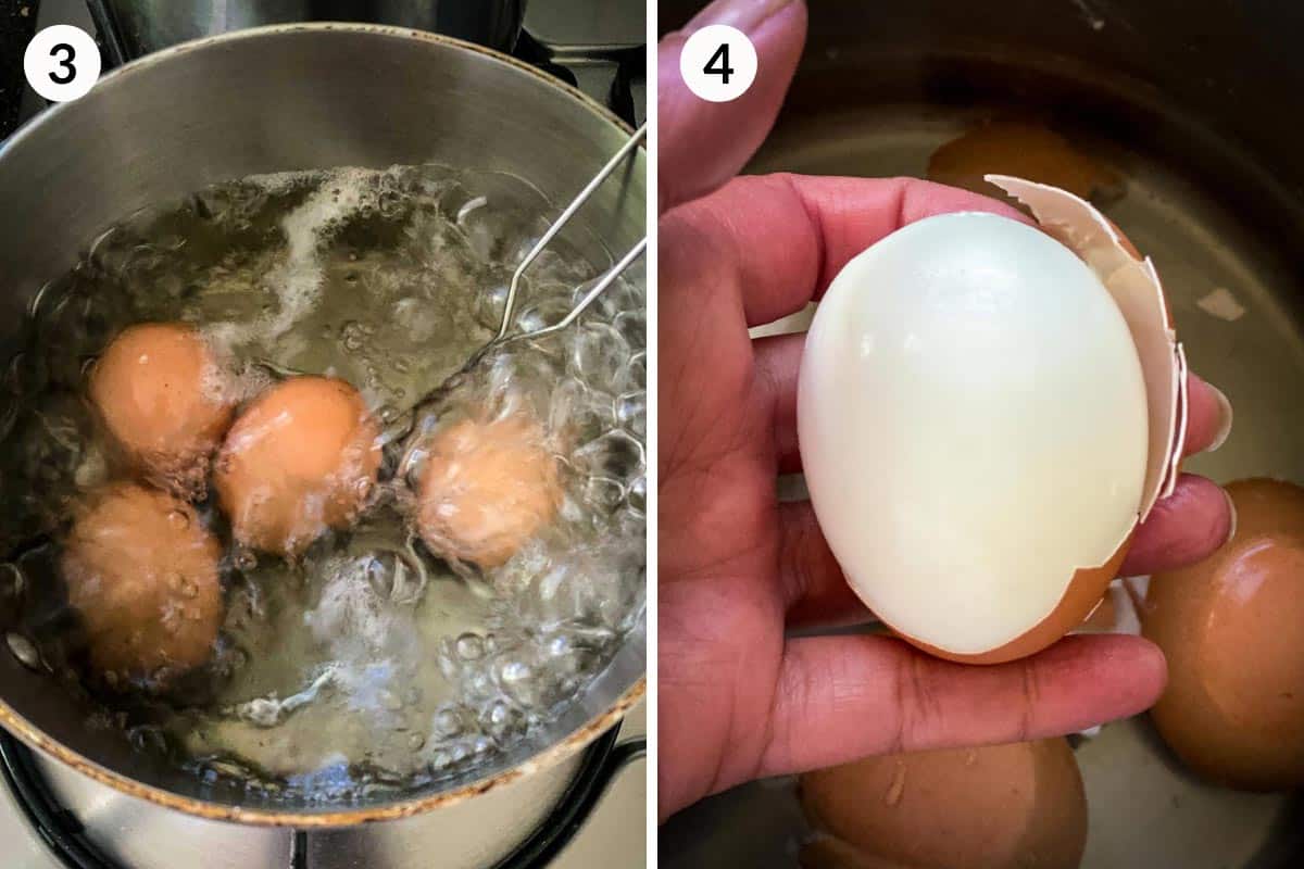 Collage of 2 photos of how to boil and peel eggs.