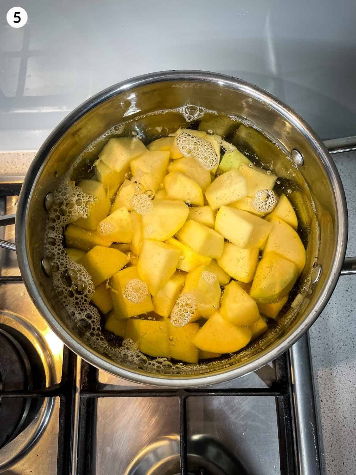 Cooking cut swede in a saucepan of water on a stovetop