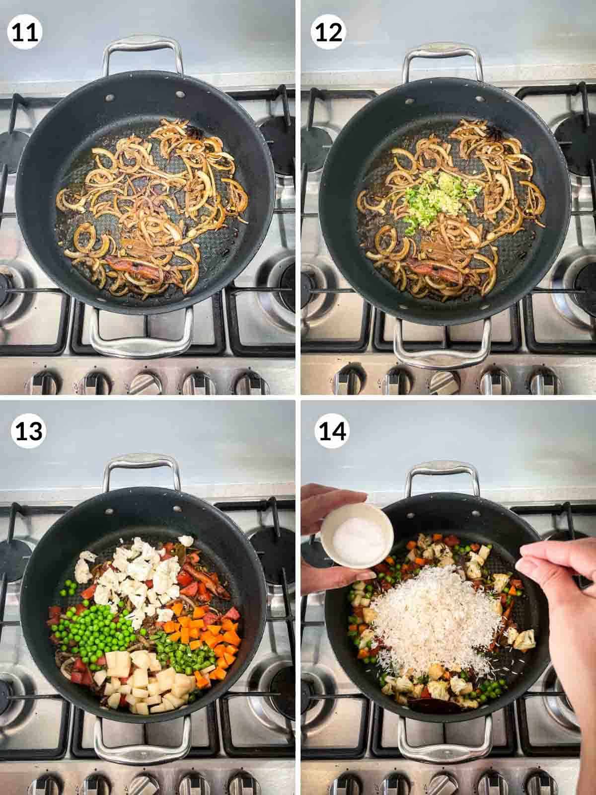 Collage of 4 photos for how to cook veg pulao