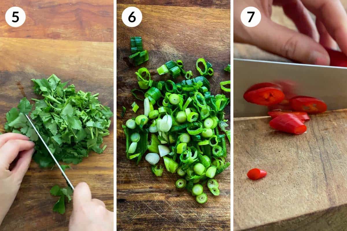 Collage of 3 photos for how to chop coriander leaves, spring onion and fresh chilli