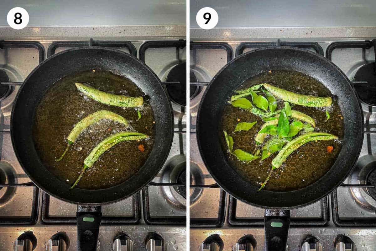 Collage of 2 photos for how to fry curry leaves and green chillies