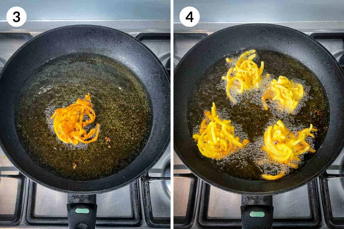 Collage of 2 photos for how to fry onion bhaji