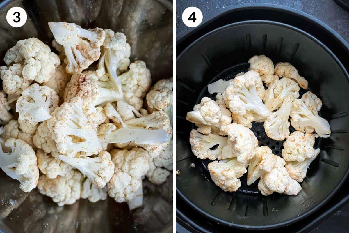 Collage of 2 photos for how to make air fryer cauliflower
