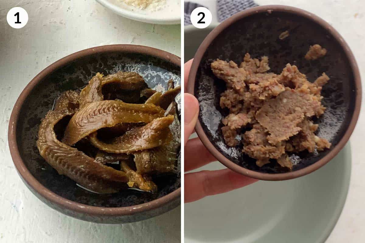 Collage of 2 photos for how to make anchovy paste