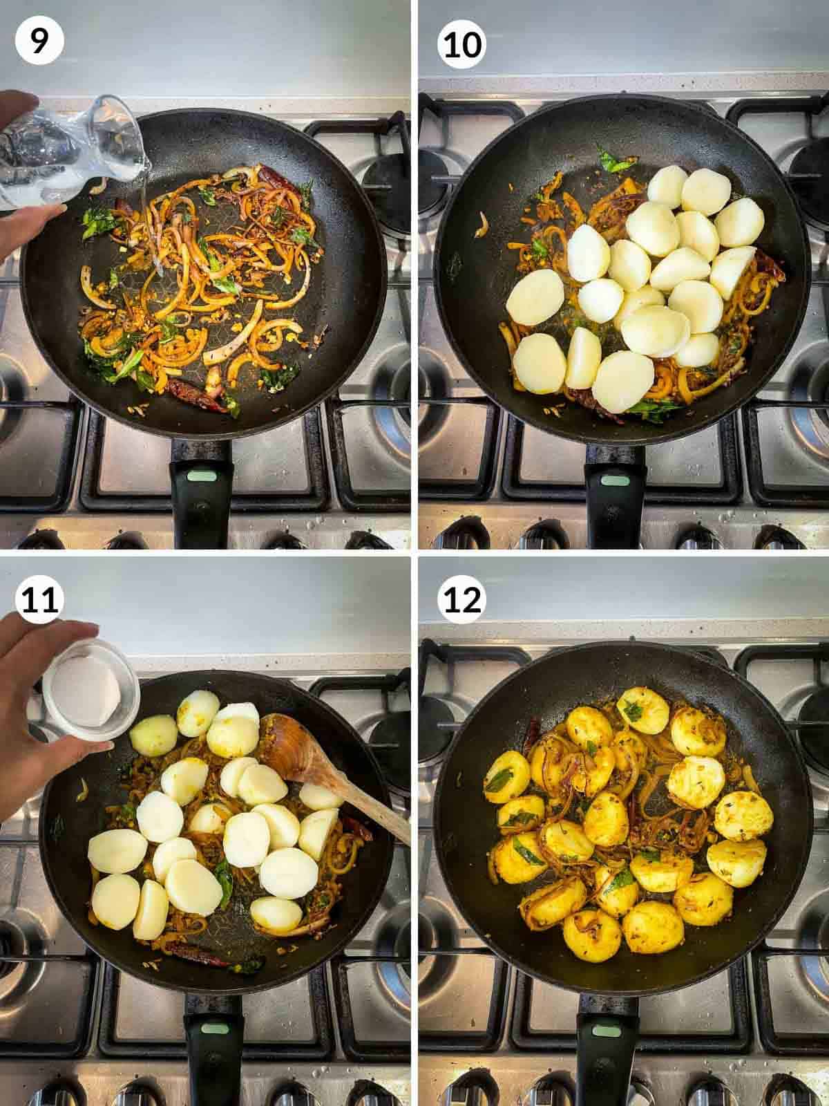 Collage of 4 photos for how to make Bombay Aloo