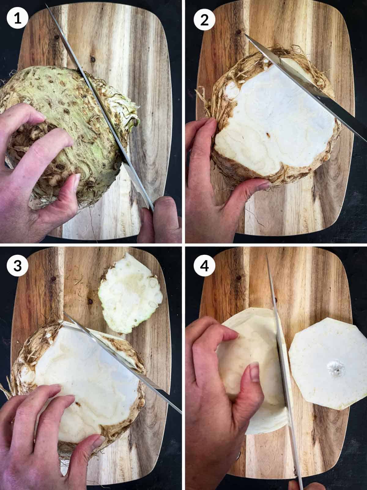 Collage of 4 photos for how to slice celeriac