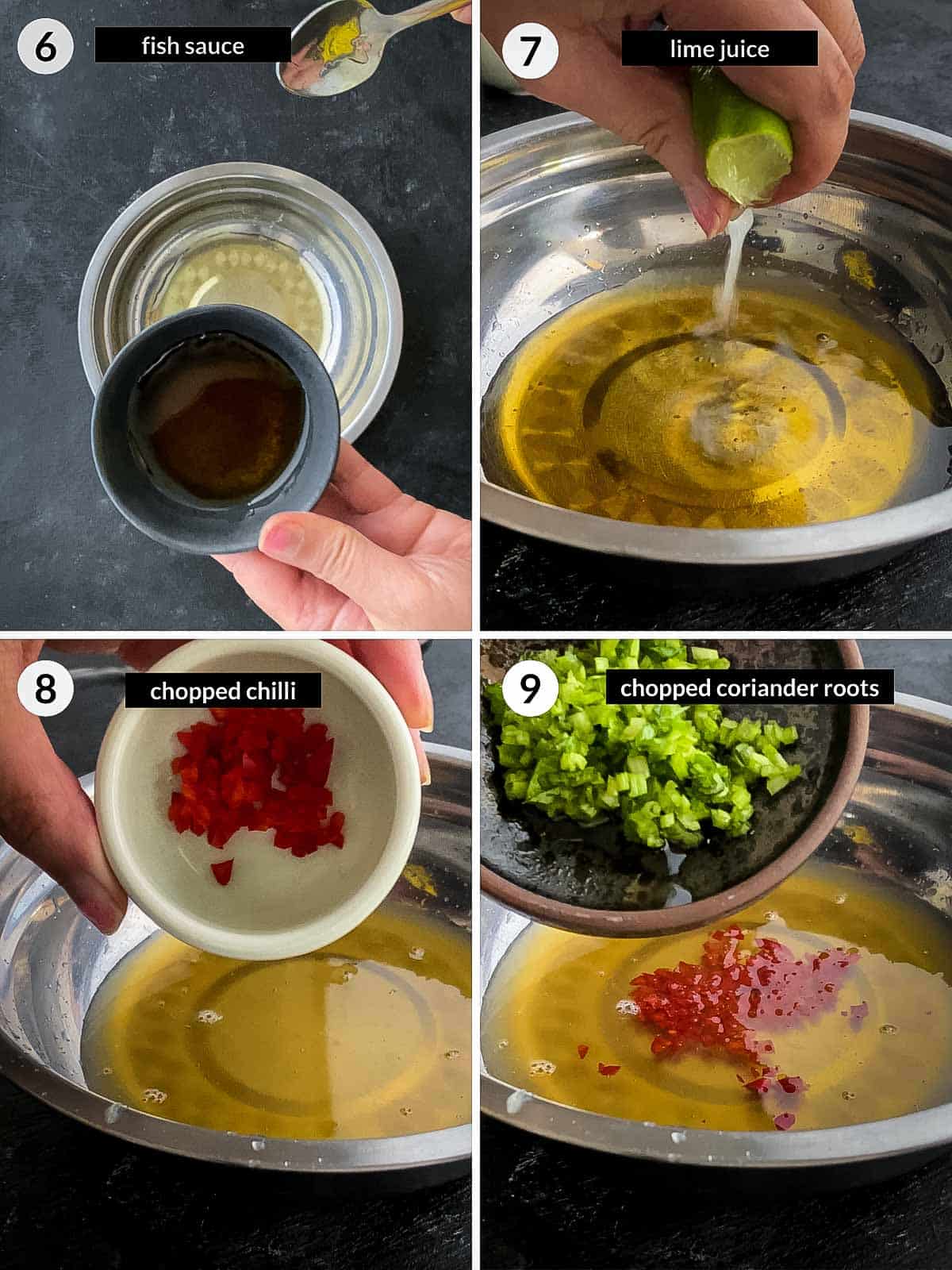 Collage of 4 photos for how to make coriander lime dressing