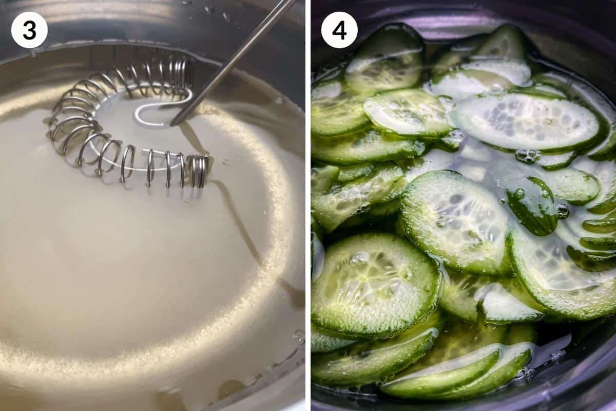 Collage of 2 photos of how to pickle cucumbers