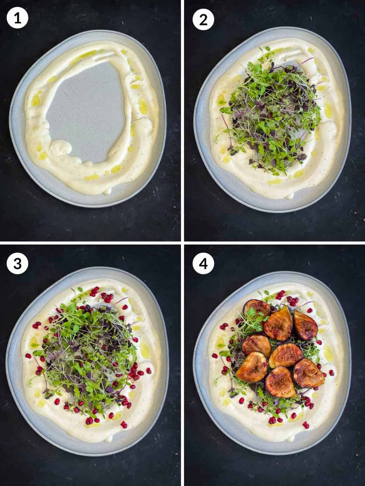 Collage of 4 photos for how to assemble Grilled Fig and Whipped Goat Cheese Salad