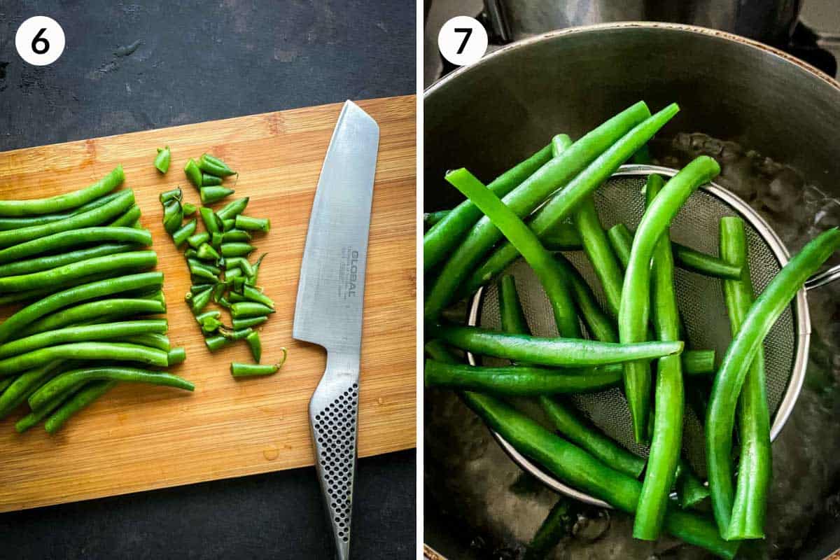 Collage of 2 photos of how to cut ends off green beans and how to blanch them