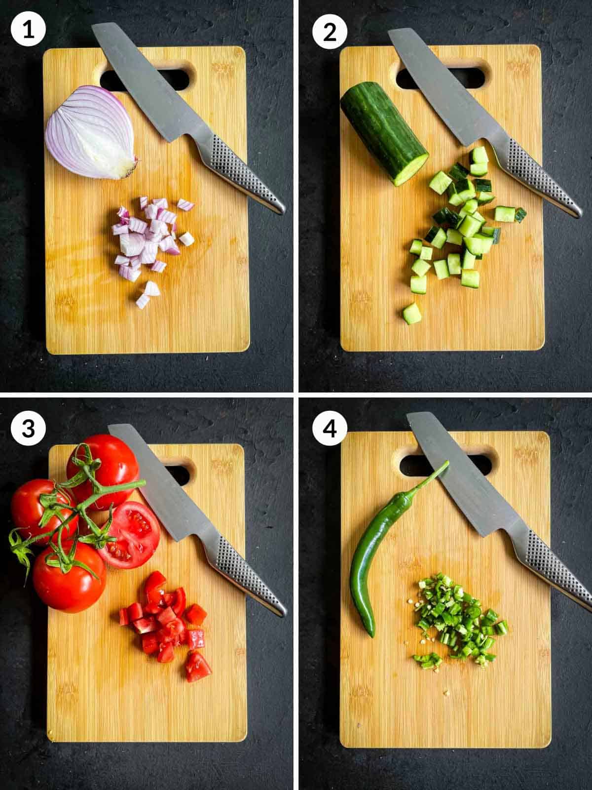 Collage of 4 photos for how to make Kachumber Salad