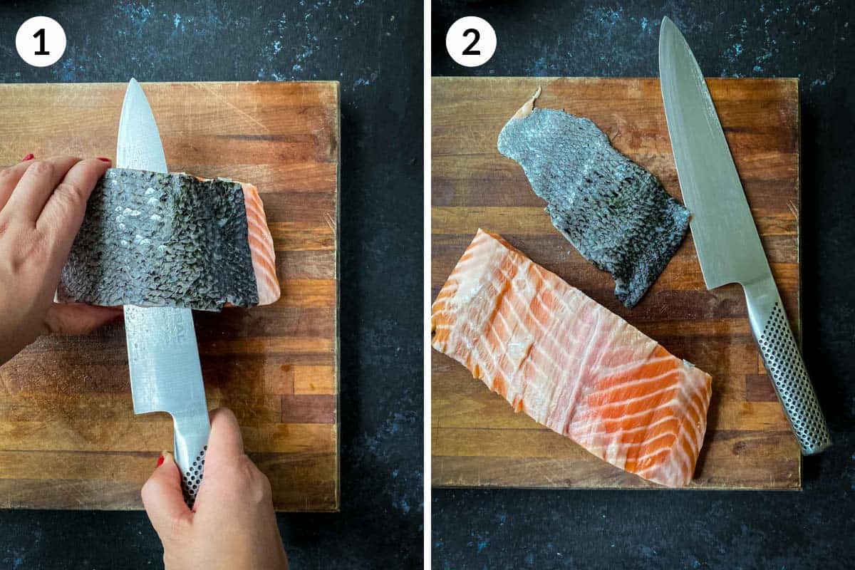 Collage of 2 photos of how to remove the skin of salmon fillet.