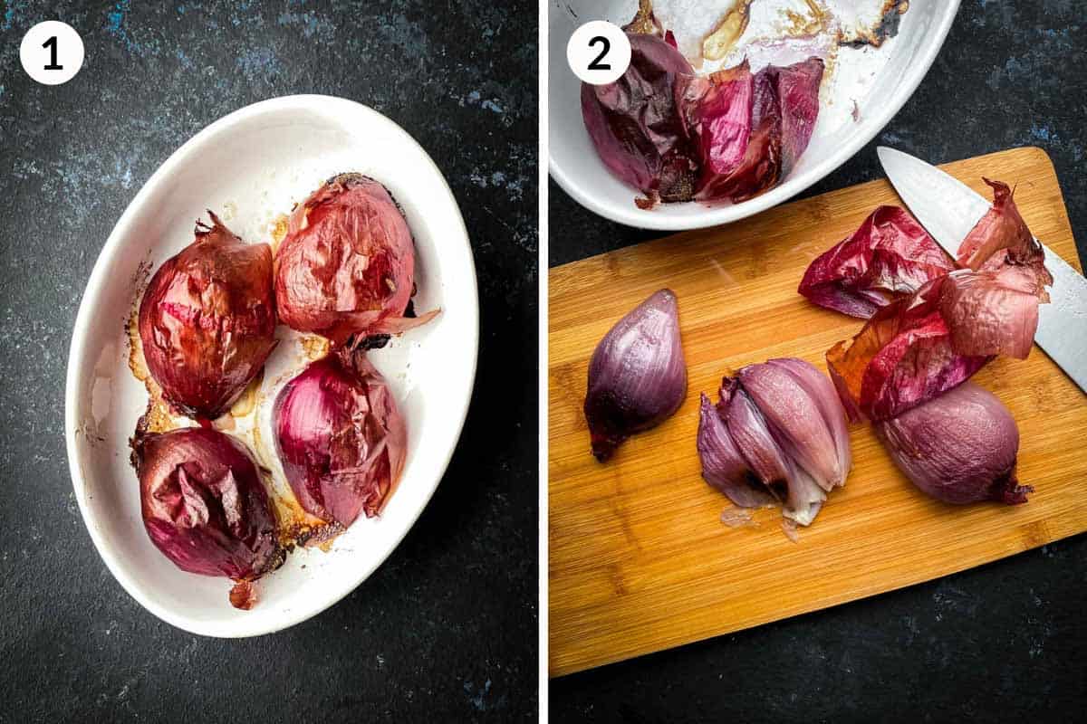 Collage of 2 photos for how to roast red onion