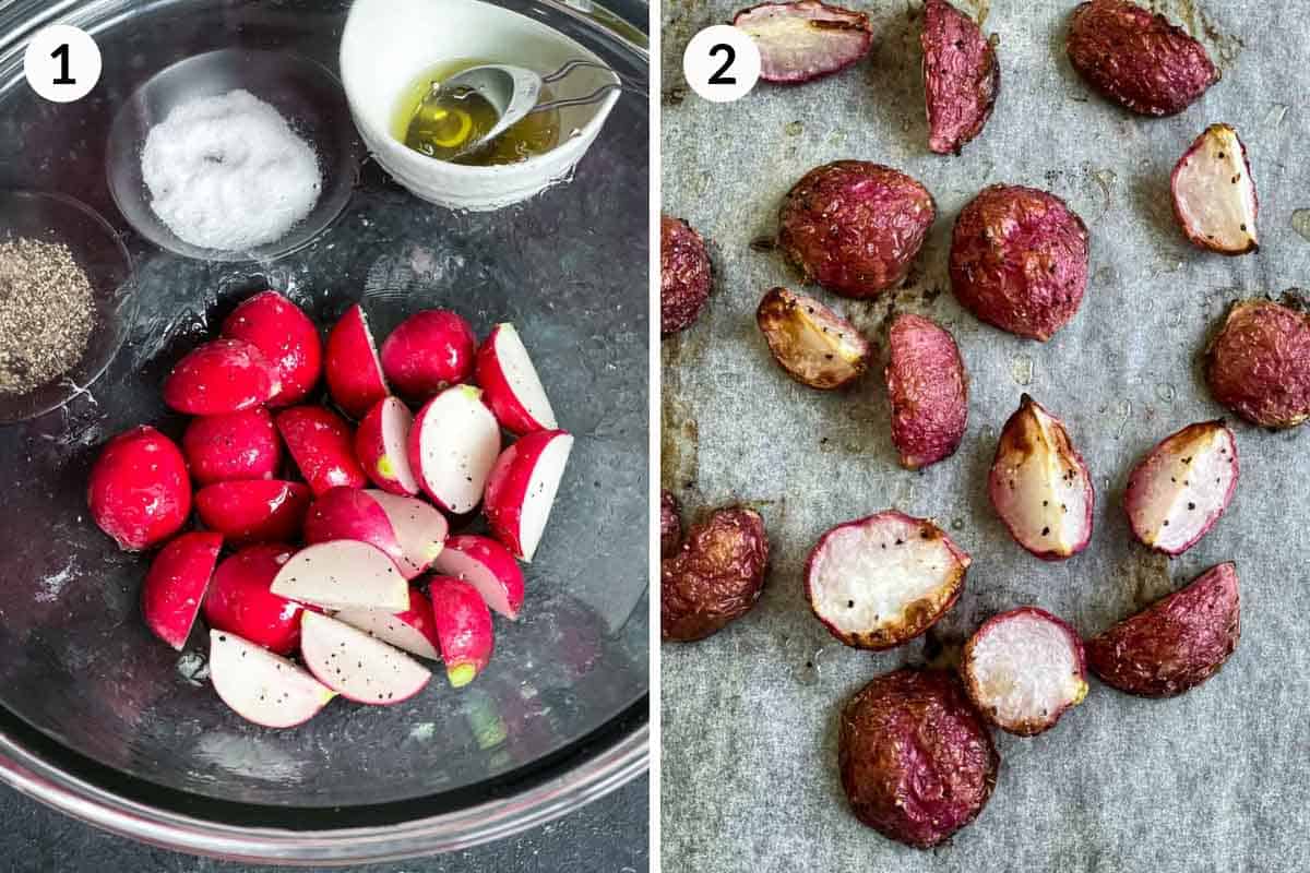 Collage of 2 photos of how to make roasted red radishes