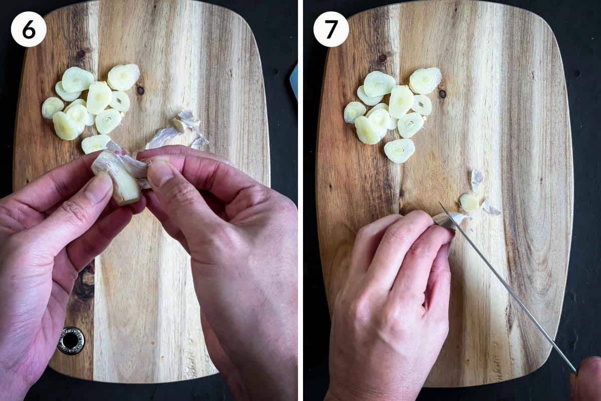 Collage of 2 photos for how to peel and slice garlic