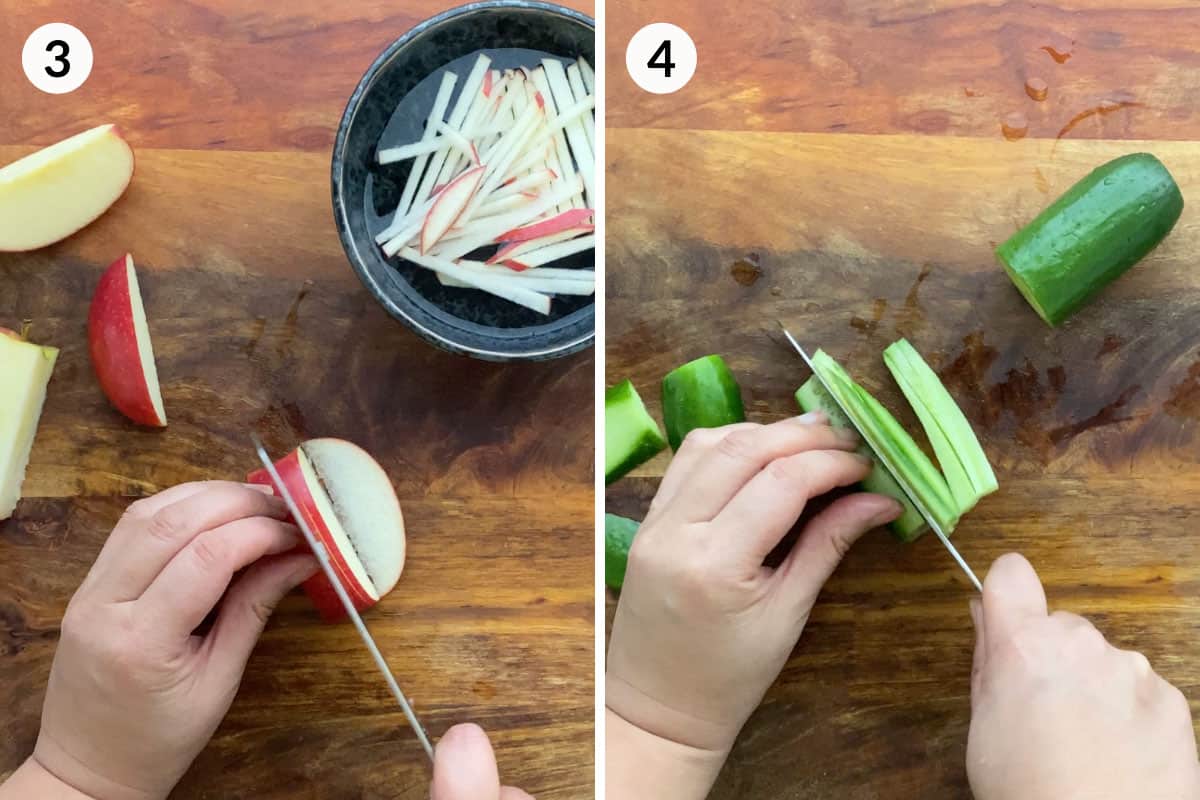 Collage of 2 photos for how to cut apple and cucumber matchsticks