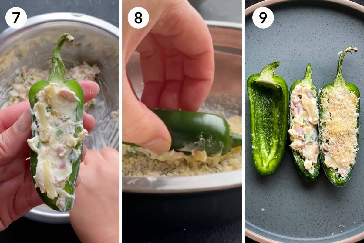 Collage of 3 photos for how to stuff jalapeno poppers