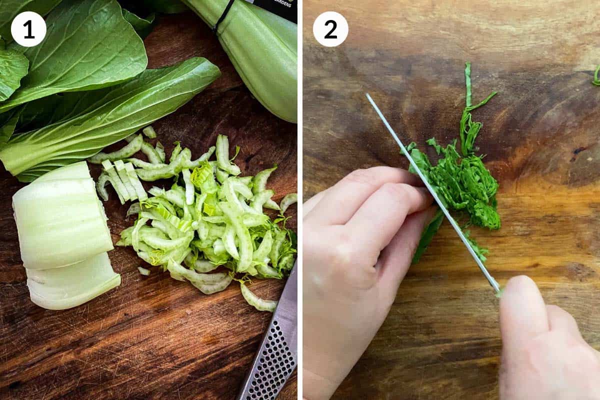Collage of 2 photos for how to thinly slice pak choy