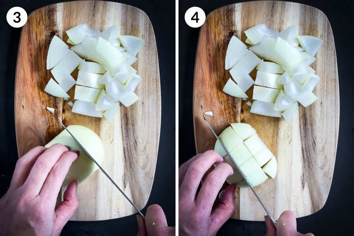 Collage of 2 photos for how to cut onions
