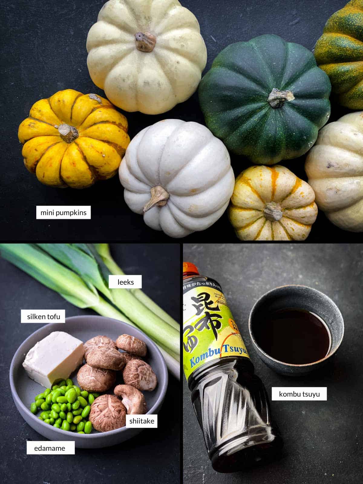 Collage of 3 photos for How to make Baked Miniature Pumpkins with Shitake