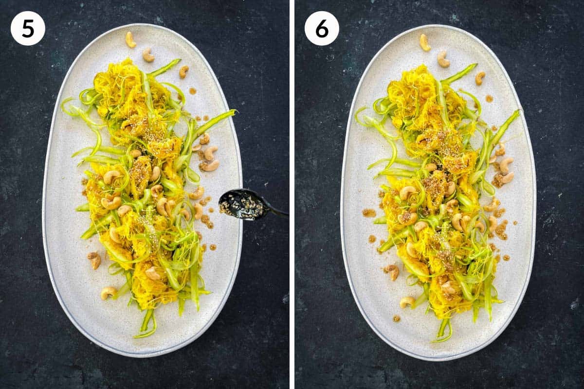 Collage of 2 photos for how to assemble Spaghetti Squash Salad with Asparagus