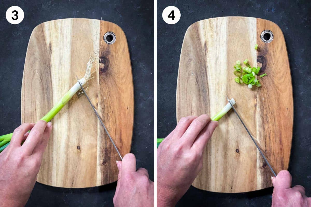 Collage of 2 photos for how to chop scallions