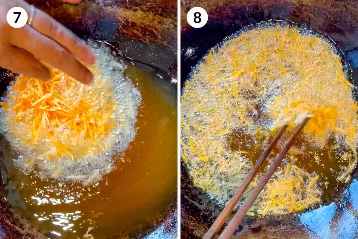Collage of 2 photos for how to fry sweet potato for yee sang recipe