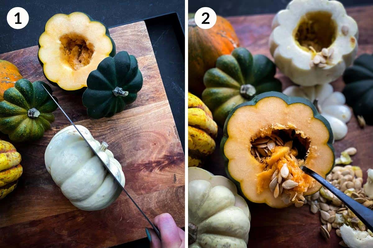 Collage of 2 photos for how to make Baked Miniature Pumpkins with Shitake