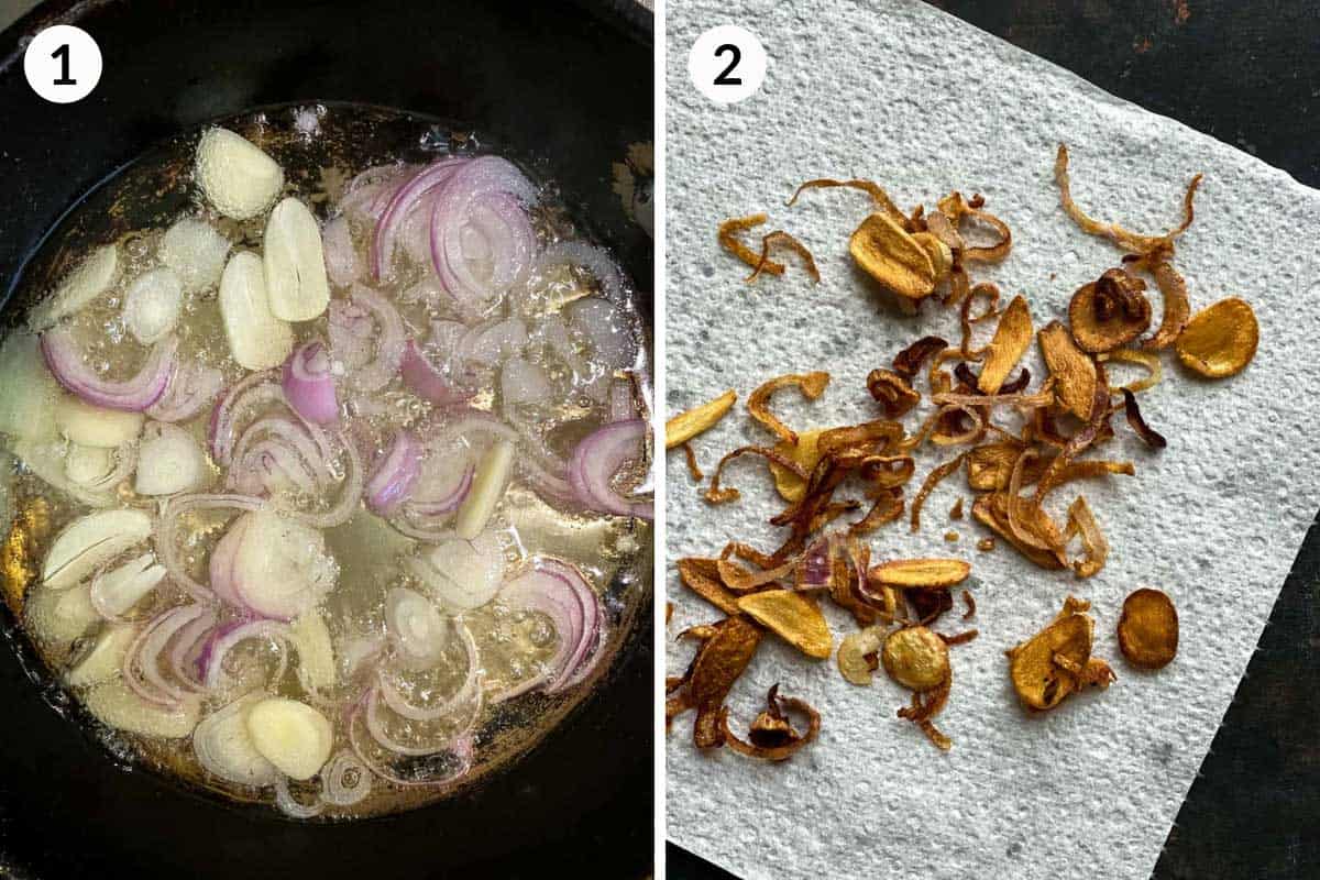 Collage of 2 photos for how to fry garlic and shallots