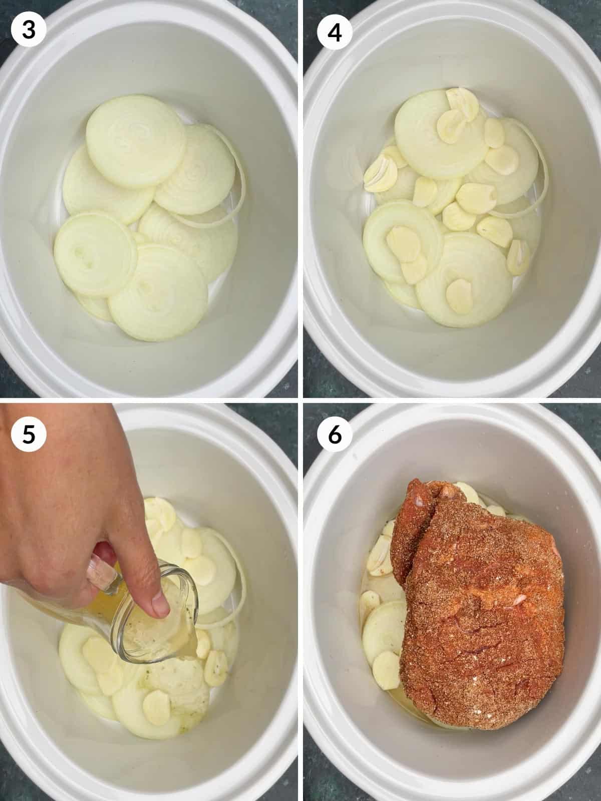 Collage of 4 photos for how to make pulled pork in a slow cooker
